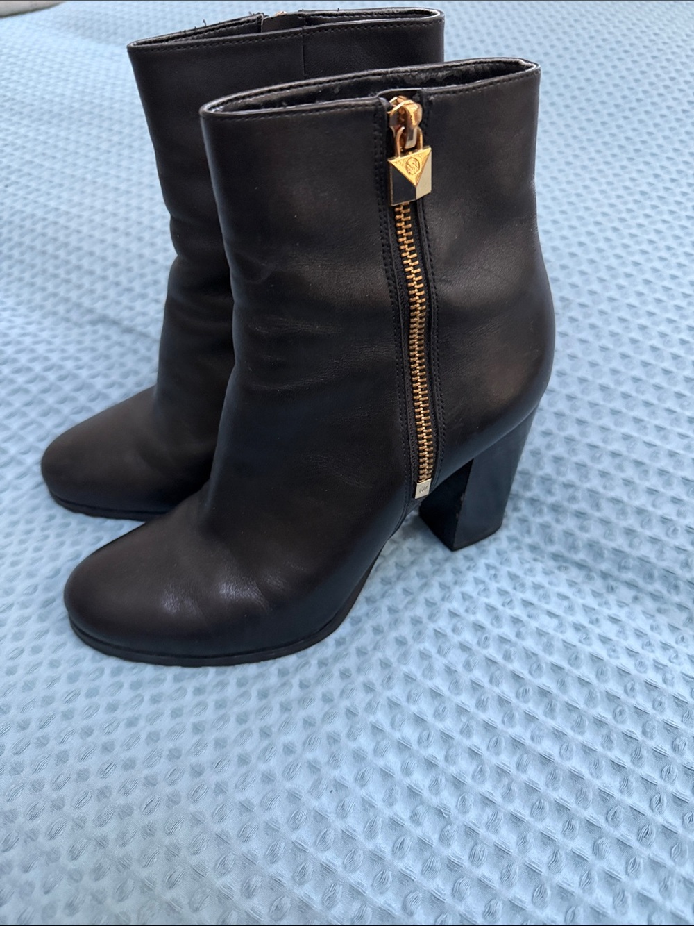 Michael Kors Black Leather Ankle Booties with Gold Zip Detail